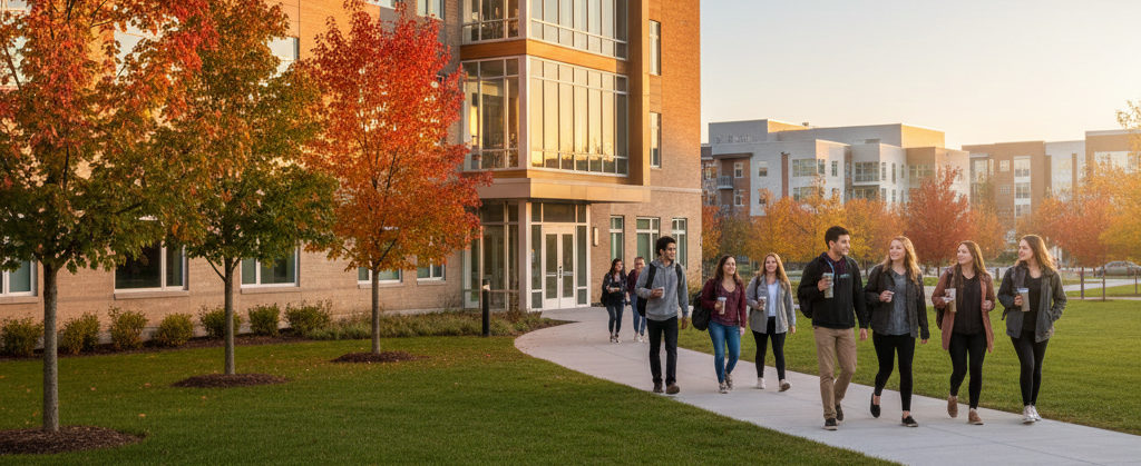 Modern university dormitory building with students
