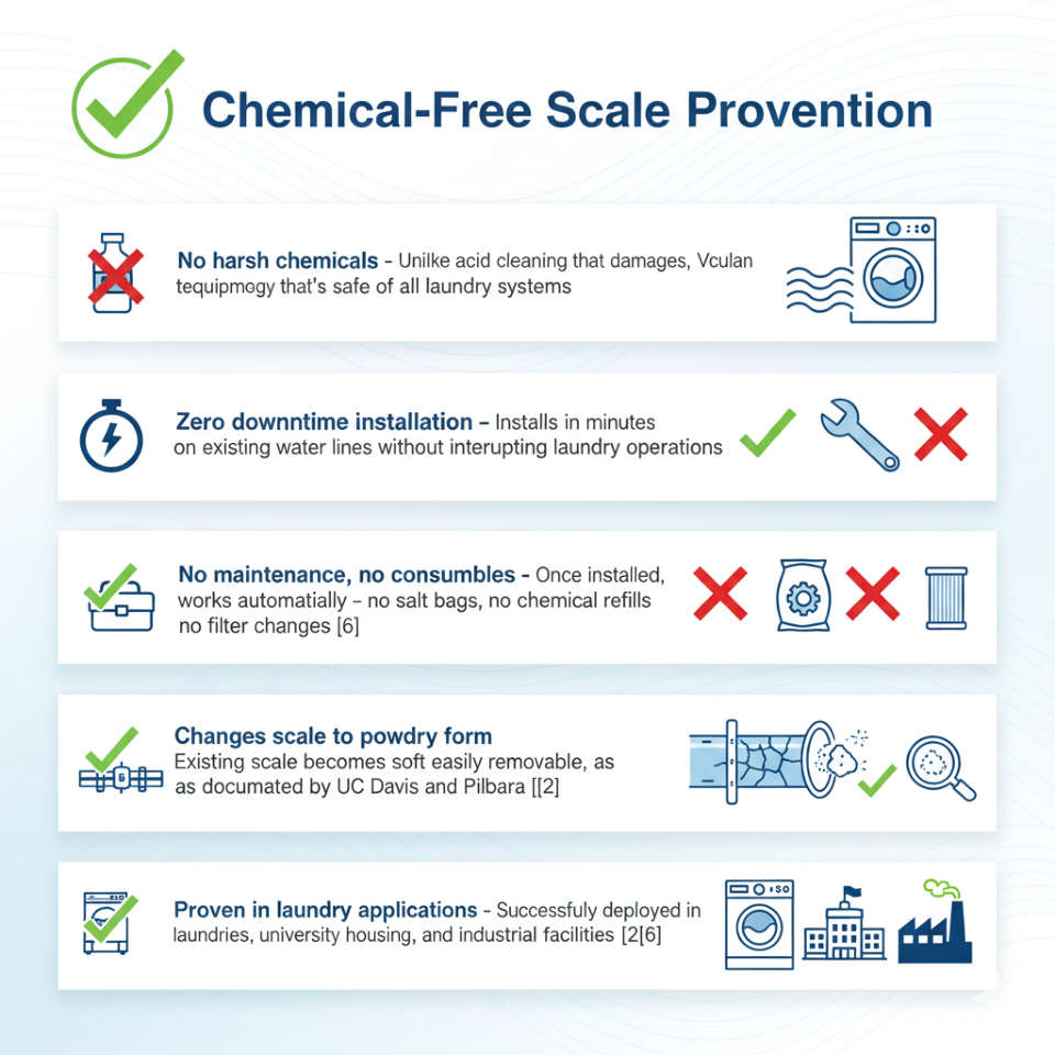 Vulcan chemical-free scale prevention for laundry